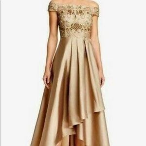 Adrianna Papell Off The Shoulder Gold Gown